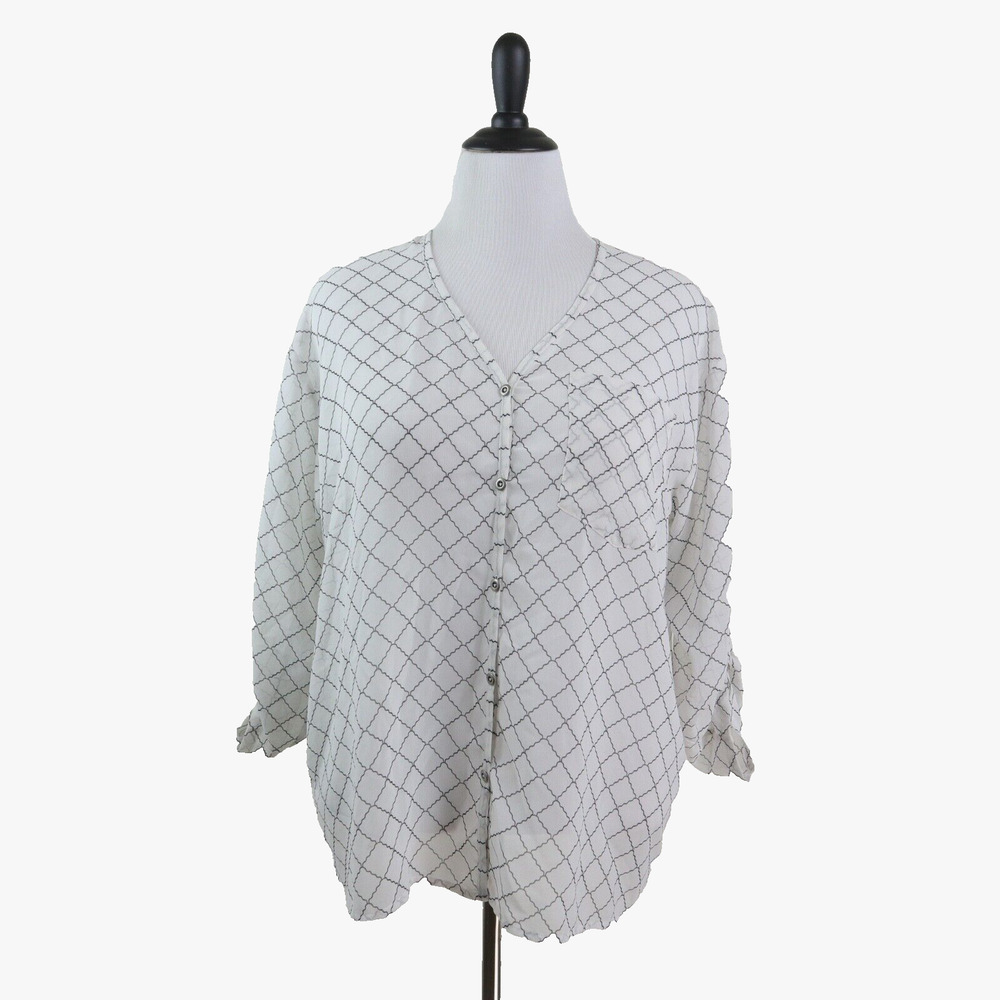 Cabi Size M Chessboard Button Down Blouse 740 Ivory Black Grid Print - Picture 3 of 10